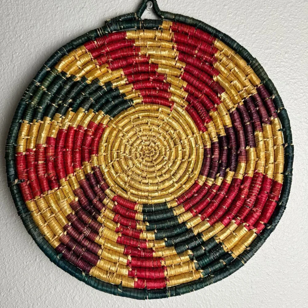 Southwestern Rattan Woven Multicolor Flat Basket Wall Decor 14